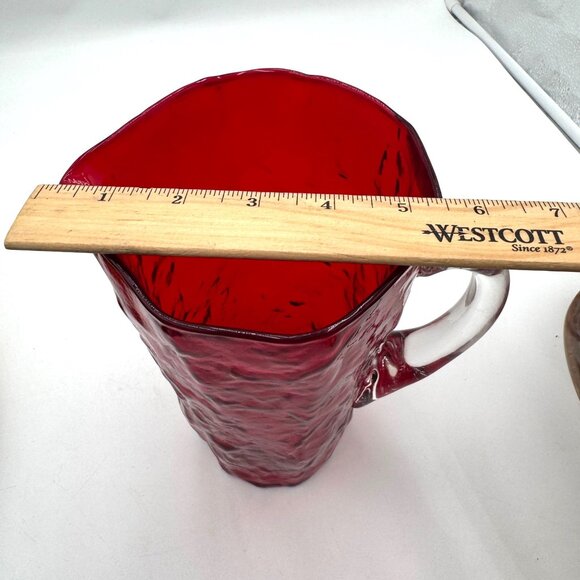 Morgantown Ruby Red Crinkle Glass 9" Pinched Pitcher With Clear Handle EUC - Picture 12 of 14
